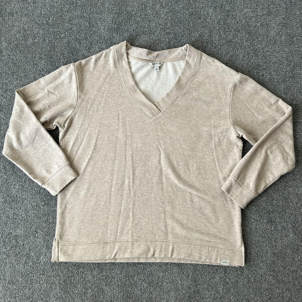 Orvis Shirt Womens Large Beige V Neck Long Sleeve Modal Blend Slit Hem